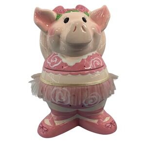 Vintage Ballerina Pig Ceramic Cookie Jar Pink Tutu Roses Whimsical Kitchen Decor